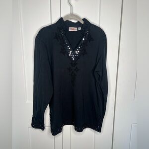 Quacker Factory Sequin Embroidered V Neck Blouse Top Women’s Size Large